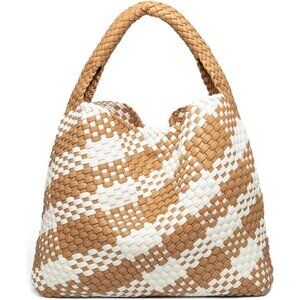 Woven Tote Bag for Women B - Apricot+white